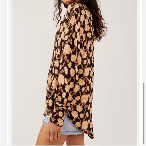 Free People Mia Floral Tie Neck Tunic Top w Long Sleeves & flowy Relaxed fit- XS - Picture 3 of 14
